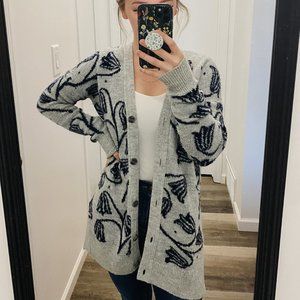 Ann Taylor LOFT Cozy (Wool Blend) Oversized Cardigan with Navy Floral Details